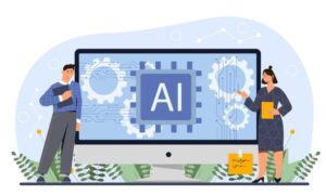 AI技術を表現したイラスト。パソコン画面にAIチップが表示され、男女が人工知能の活用を説明している様子