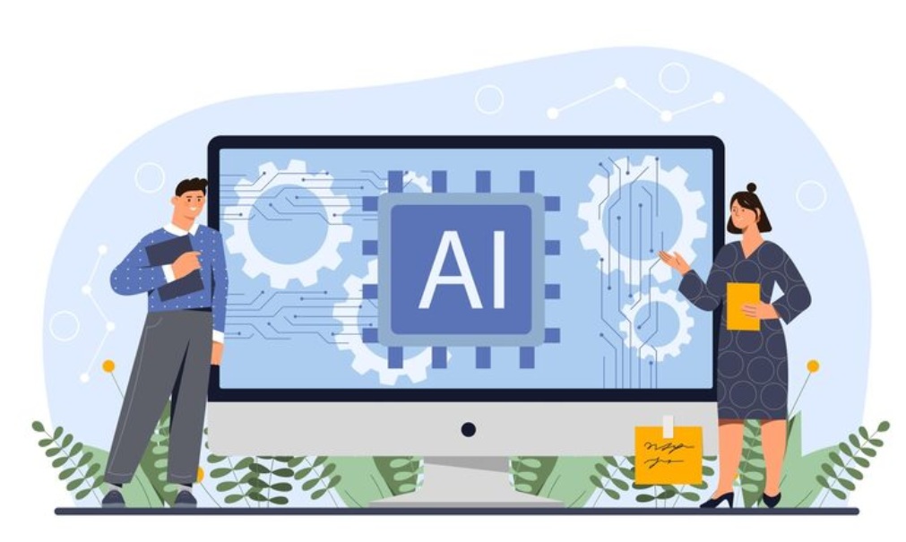 AI技術を表現したイラスト。パソコン画面にAIチップが表示され、男女が人工知能の活用を説明している様子