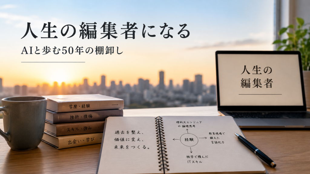 ノートや本、パソコンが並ぶデスクを背景に、「人生の編集者になる―AIと歩む50年の棚卸し」のタイトルが表示された画像。学歴・経験・スキルなどの人生の積み重ねを整理し、AIを活用して価値へ変えていく様子を表現している。