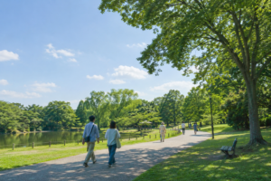 晴れた休日の公園で、青空の下、池のほとりの遊歩道を数人がゆったりと散歩している風景。