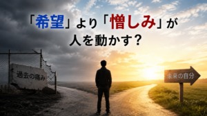 「希望」より「憎しみ」が人を動かす？というテーマを表現し、過去の痛みを背に未来へ進もうとする人物が、暗い道と光に満ちた道の分岐点に立っているイメージ。